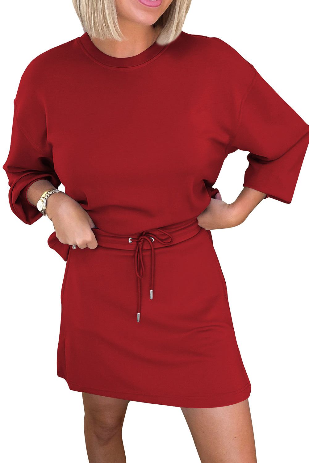 Conjunto de falda corta con cordón, jersey de hombros caídos y color liso café