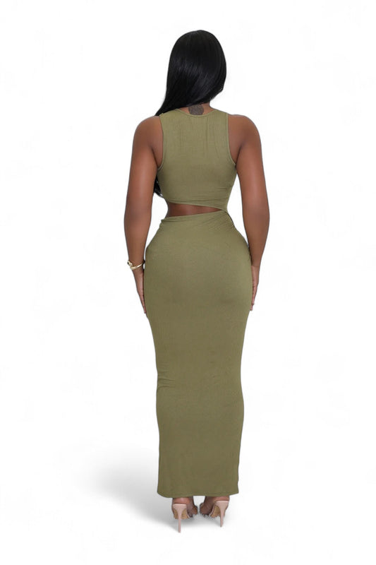 Ribbed Cut Out Slit Maxi Dress