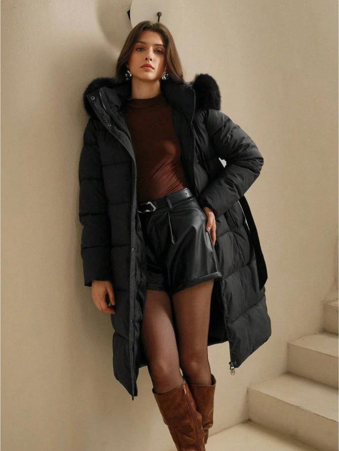 Chaqueta acolchada con capucha y cremallera de manga larga de color liso para mujer con ribete de piel sintética Anewsta