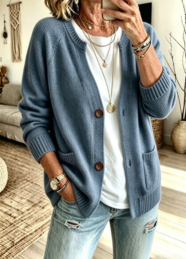 European And American-style Knitted Cardigan Sweater With A Stand-up Collar