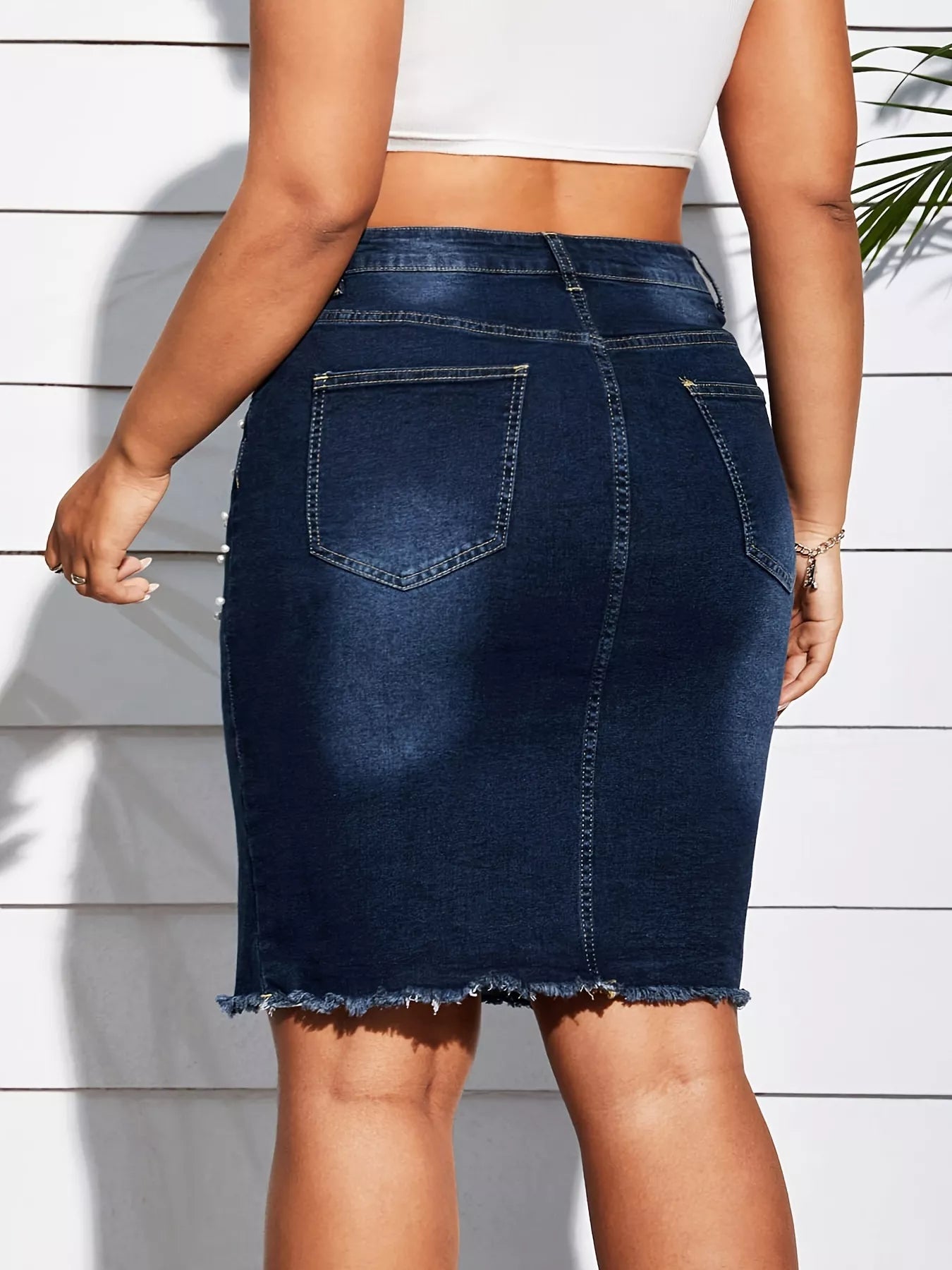 Plus Size Pearl Embellished Frayed Hem Denim Skirt See size chart under “more details”
