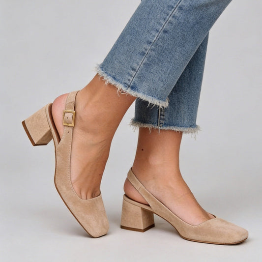 Women's Square Toe Slingback Chunky Heels – Buckle Strap Wide Fit