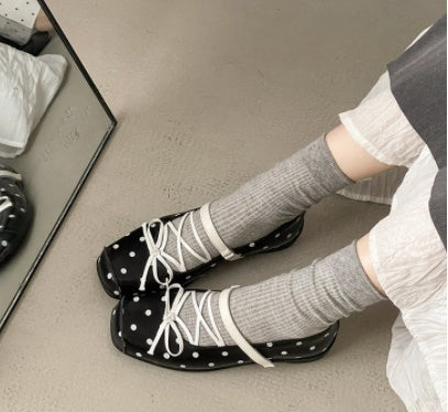 New French Bow Shallow Mouth Platform Flats For Women, Spring Ballet Hidden Heel Polka Dot Mary Jane Shoes For Dresses, Authentic Genuine