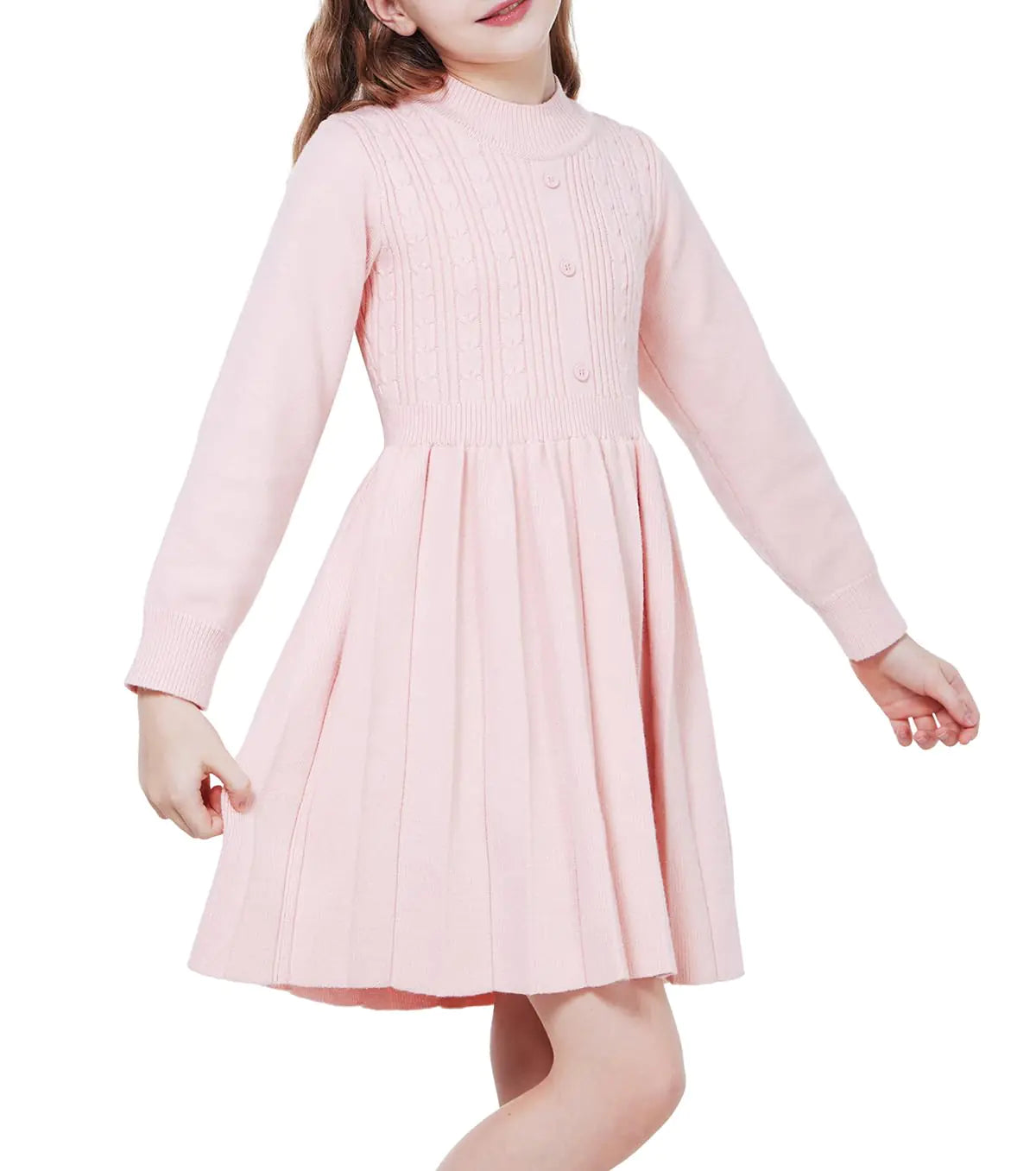 WULFUL Girls Sweater Dress Long Sleeve Button Pleated Casual Fall Winter Knit Dresses-5-6Y-Light Pink - # GIAA21210011