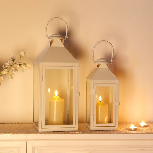 Set of 2-17.5"&13.5" Metal Candle Lanterns(White)