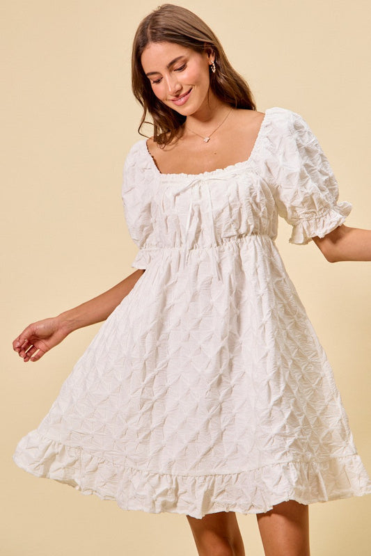 SO ME Texture Woven Ruching On Bust Mini Dress in White