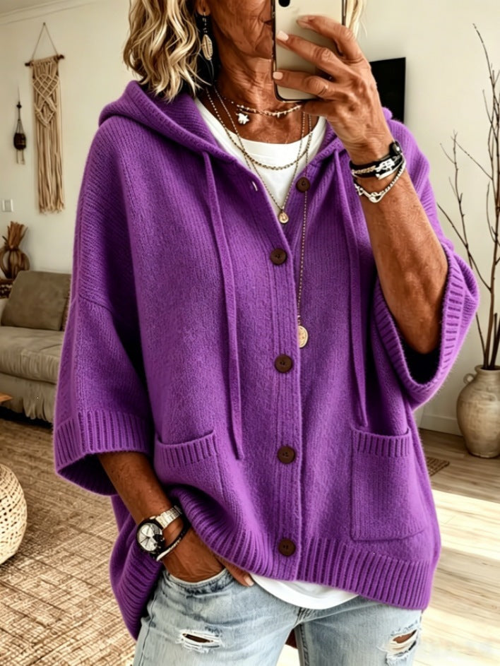 Fashion Autumn Winter Women's Button Knitted Hooded Drawstring Cardigan Sweater Coat For Women