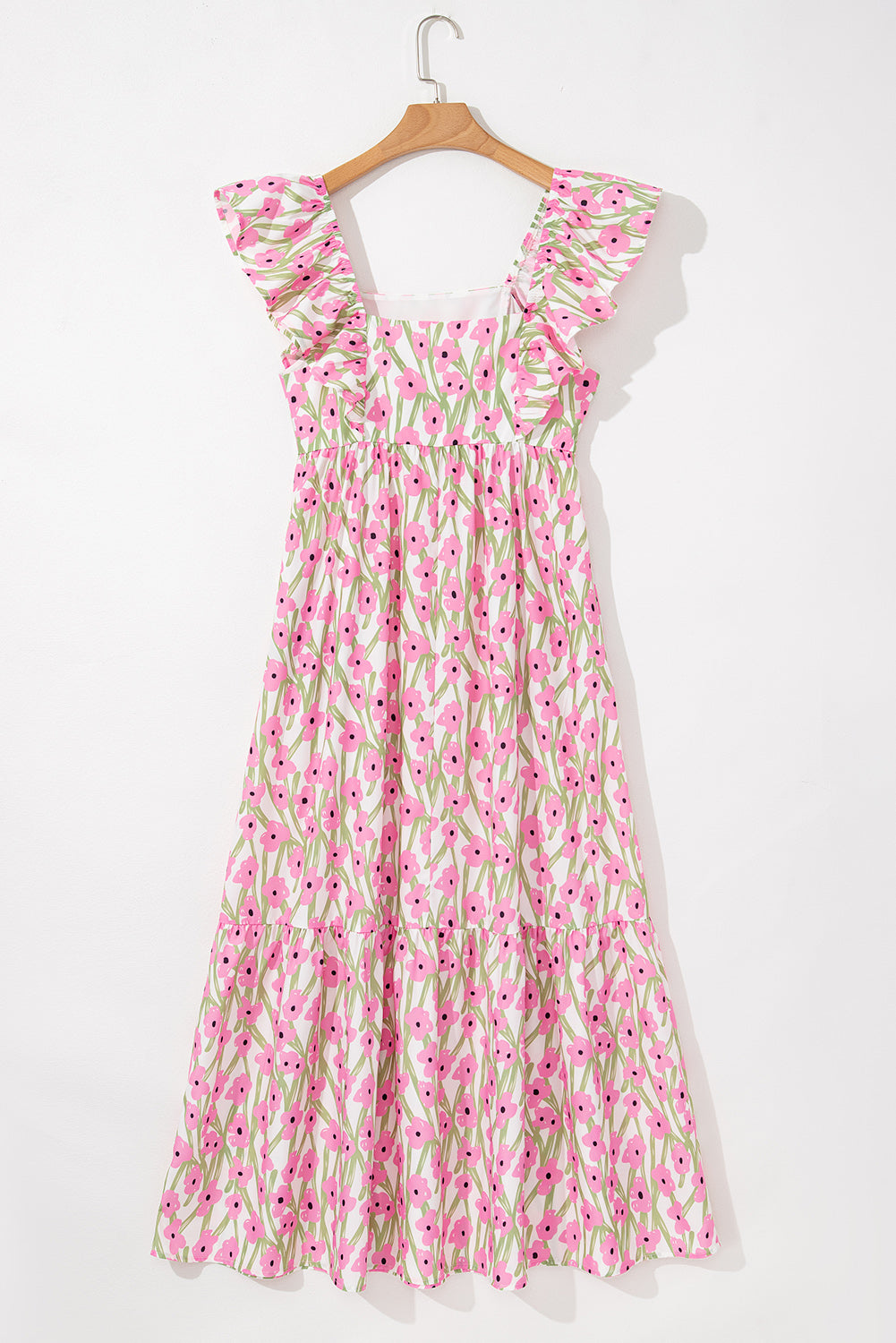 Maxivestido con estampado floral azul, escote cuadrado y tirantes con volantes