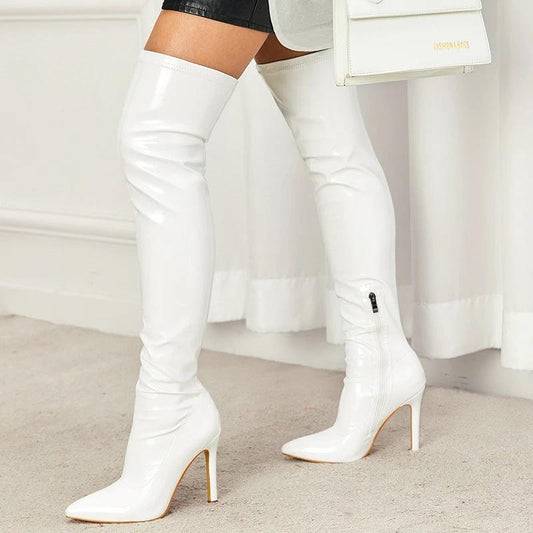 Botas por encima de la rodilla de charol suave con tacón alto y cremallera interior para mujer