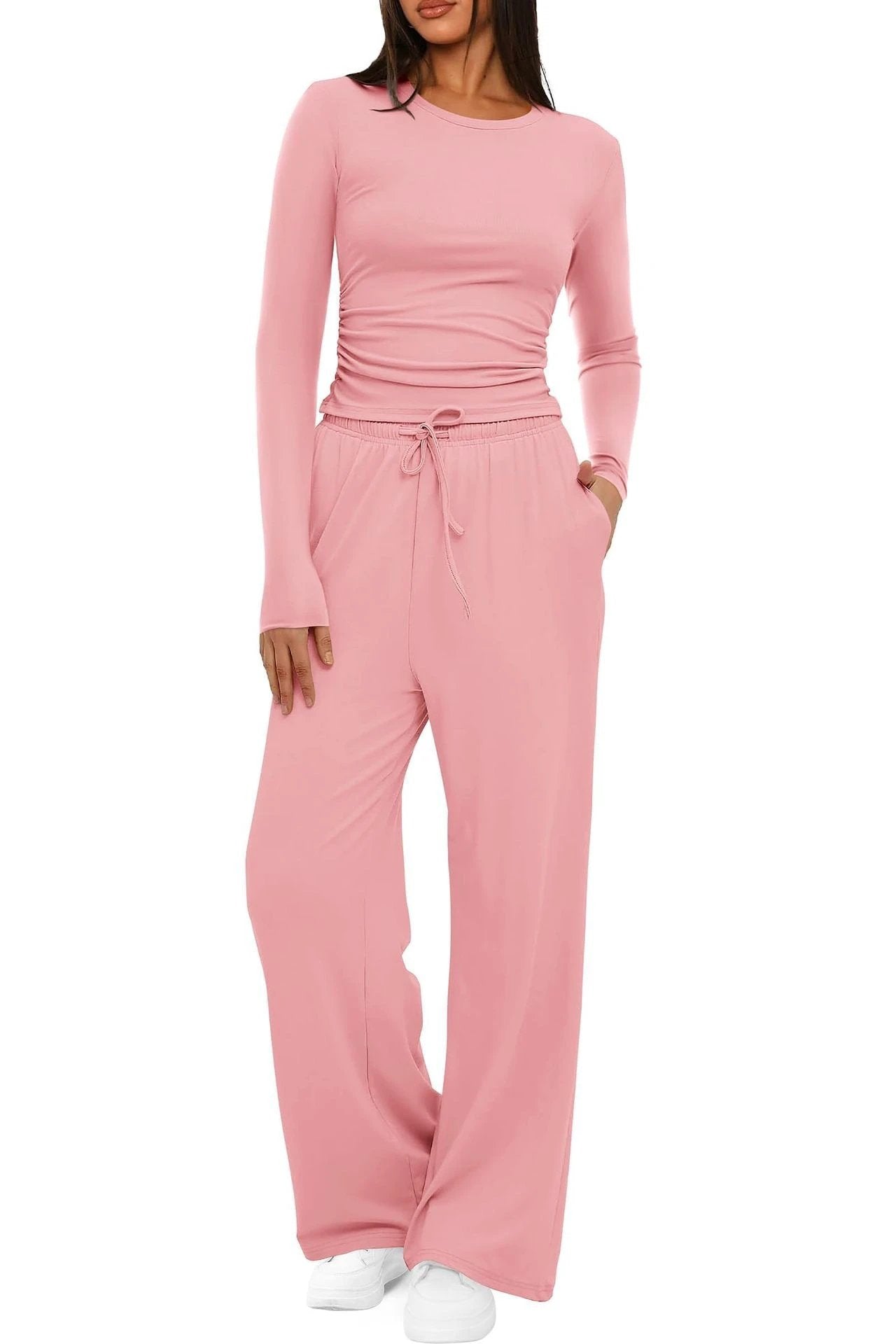 2 Pieces Women's Suit Autumn Winte Long Sleeve Tops High Waisted Wide Leg Pants Sportswear Female Clothes Solid Color Casual Suit
