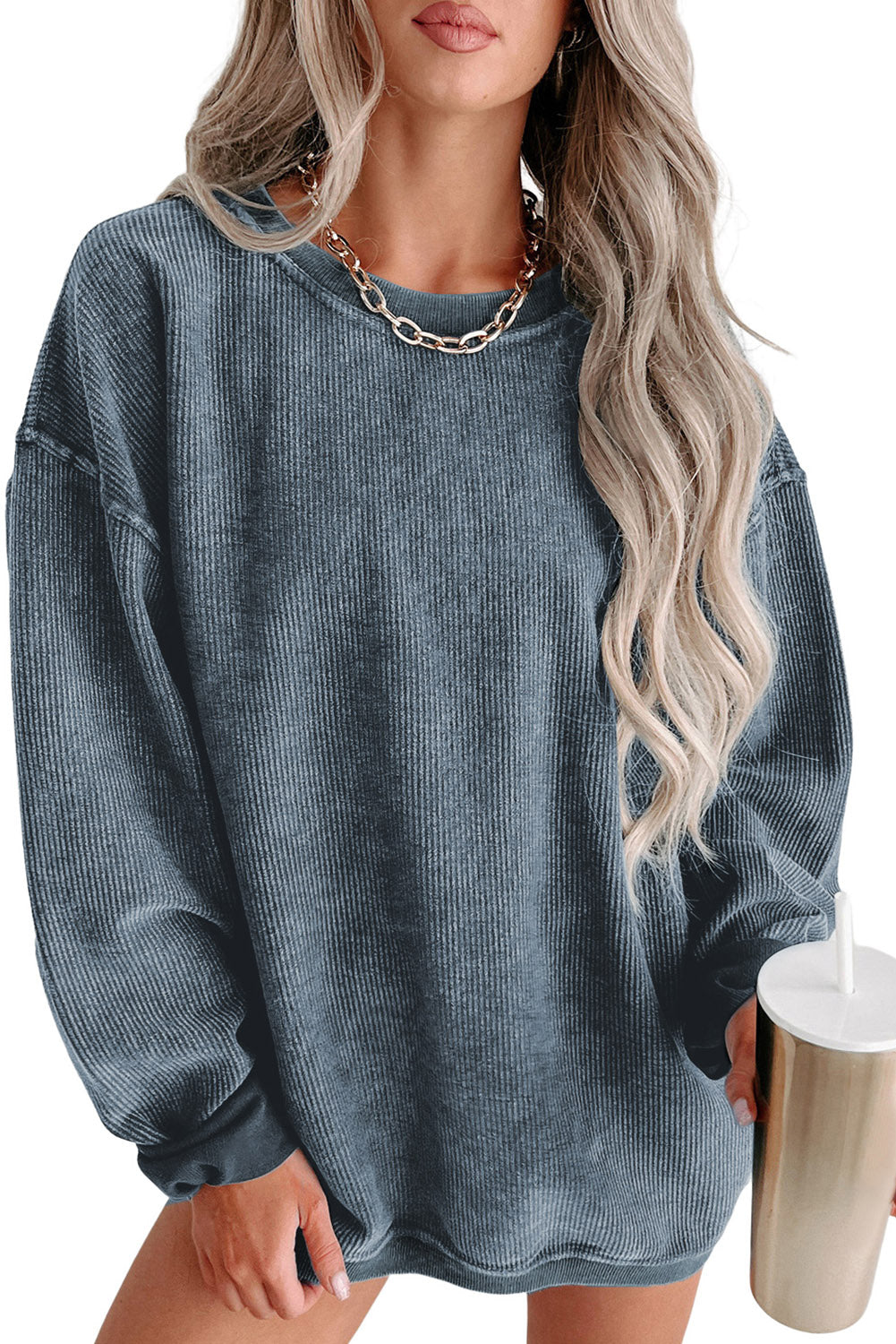 Sudadera Rosa Sólida de Punto Acanalado y Cuello Redondo