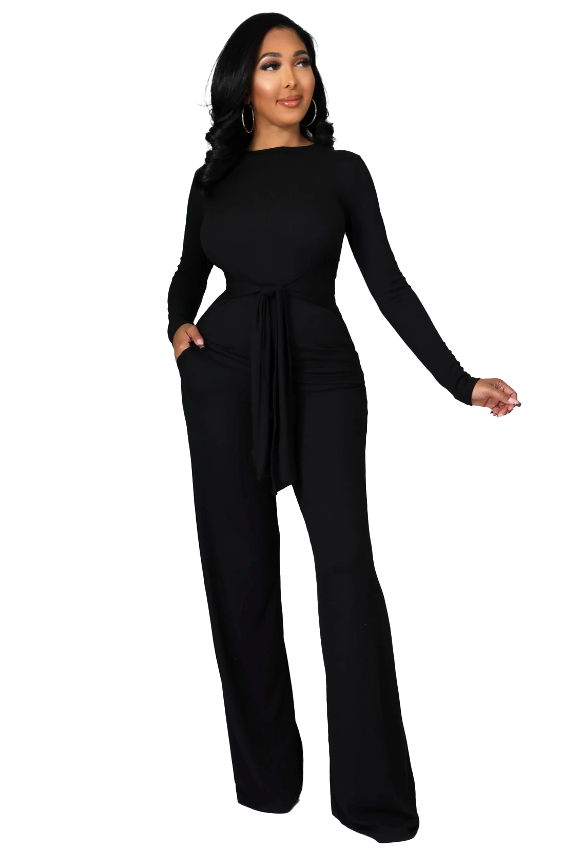 Conjunto de 2 piezas de top acanalado con cinturón y pantalón de pernera ancha - Negro