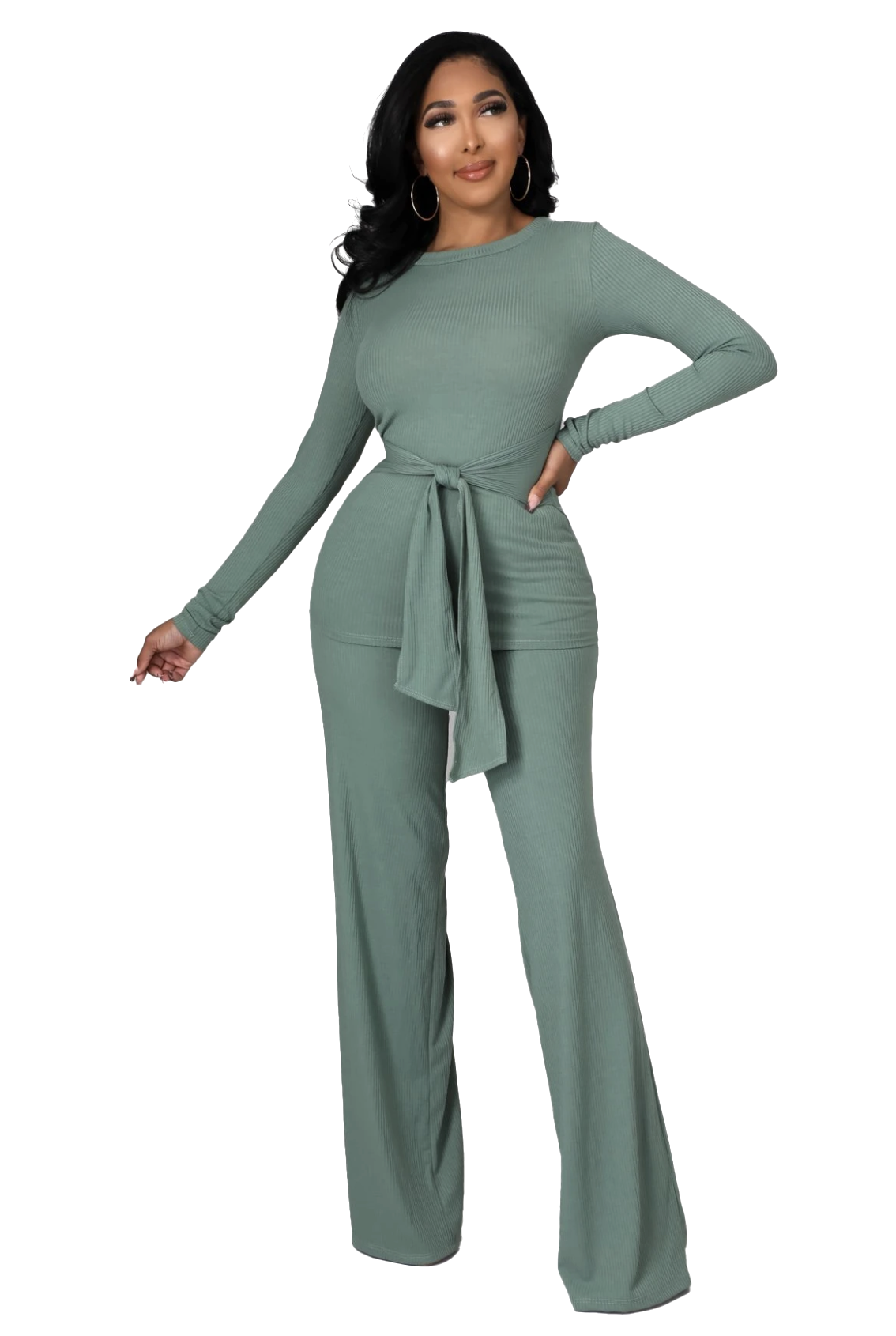 Conjunto de dos piezas de top acanalado con cinturón y pantalón de pierna ancha - Verde