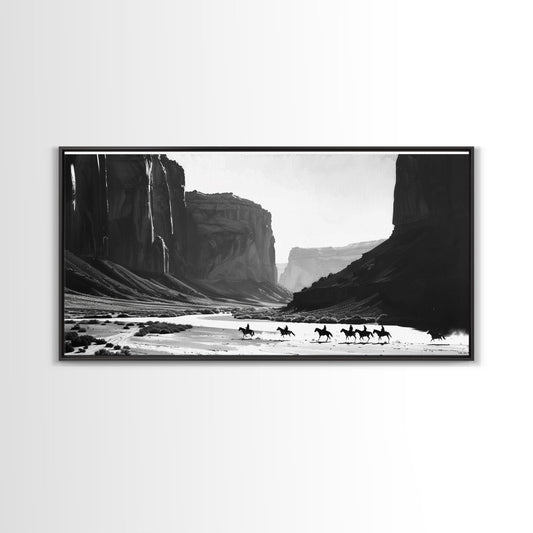 Framed Canvas Print of Cowboys Riding through Canyon, Western Wall Art for Living Room or Bedroom, Unique Home Decor