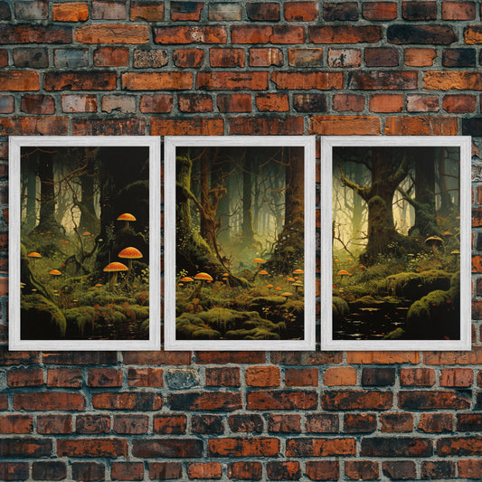 Forest Wall Art, Mushroom Art Print, Trees Art, Canvas Print, Wall Art, 3 Piece Wall Art, Modern Home Decor, Above Bed Art, Indie Room Decor