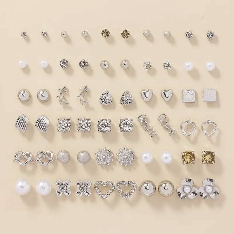30-Pairs: Alloy Full Rhinestones Love Round Faux Pearl Letter Stud Earrings Set