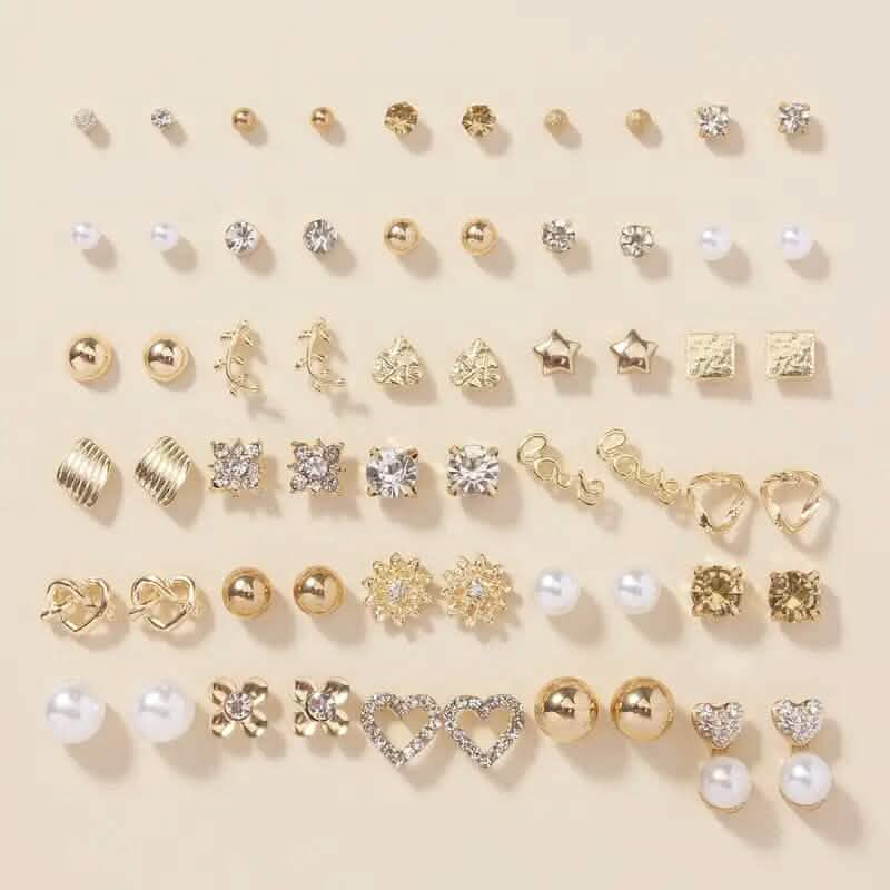 30-Pairs: Alloy Full Rhinestones Love Round Faux Pearl Letter Stud Earrings Set