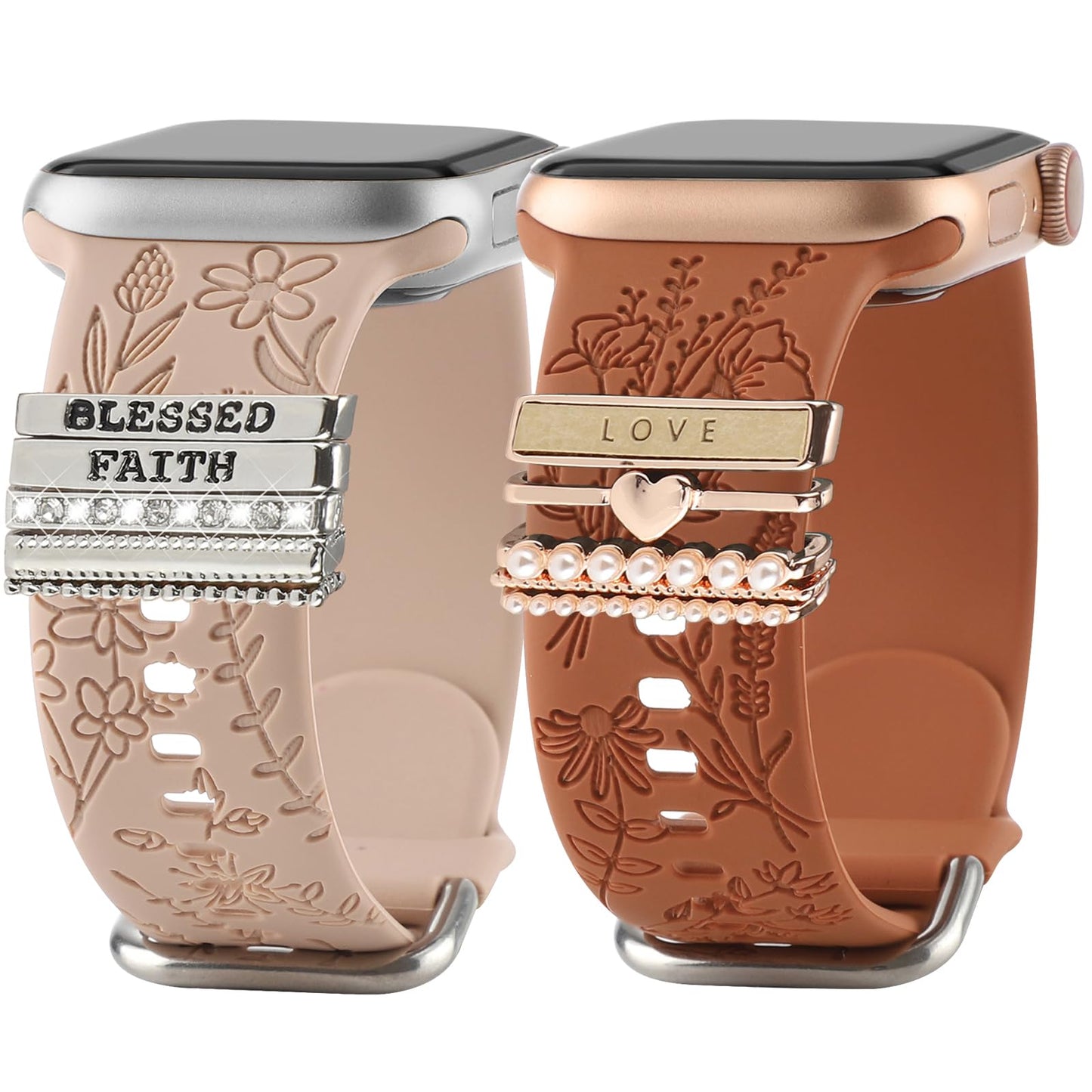 Floral Engraved Band with Charms for Apple Watch 40mm 41mm 38mm 44mm 45mm 46mm 42mm 49mm Women Soft Silicone Sport Strap Metal Jewelry Accessories for iWatch Series 10 9 8 7 6 5 4 3 SE Ultra/2 (Walnut Brown Brown/ with Charms 38/40/41/42mm-Series 10)