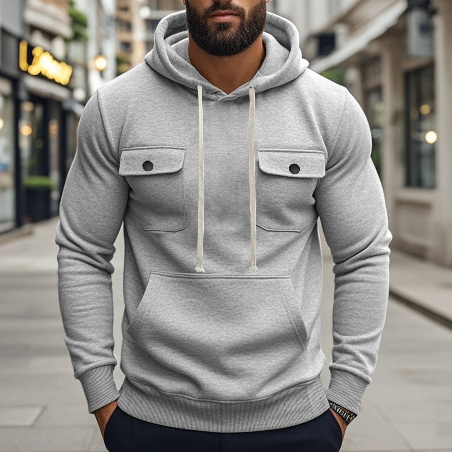 Men's Multi-pocket Long Sleeve Solid Color Hoodies
