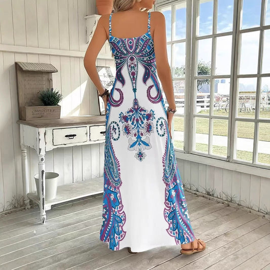 White Handkerchief Design V-neck Sleeveless Print Maxi Dress