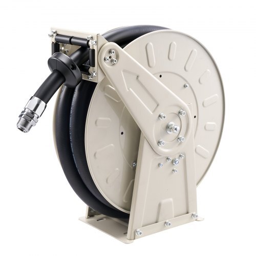 Fuel Hose Reel, 1 inch x 33 ft Retractable, Spring Driven Auto Swivel Rewind, 300 PSI, Heavy-Duty Carbon Steel Construction with Industrial Grade Rubber Hose, for Diesel Fuel, Kerosene