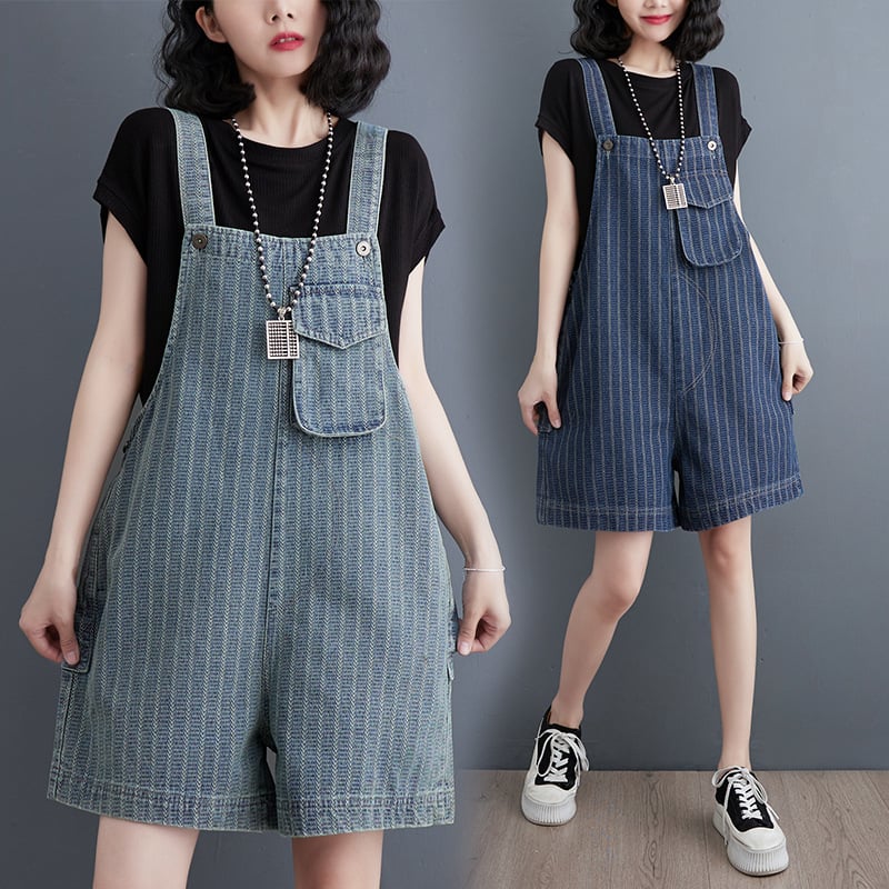 "Summer Women's Large Vertical Stripe Denim Strap Shorts"