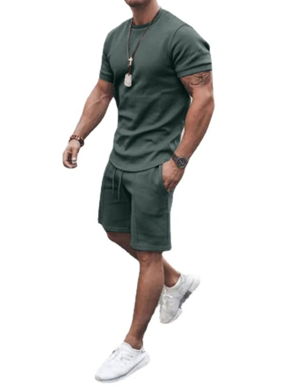 Conjunto de camiseta de manga corta con cuello redondo y pantalones cortos de talla grande para hombre