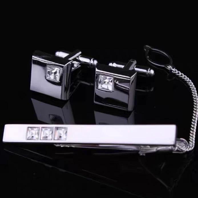 Men's Suit Shirt Rhinestone-encrusted Silver Cufflinks Tie Clip 3 Pieces Suit
