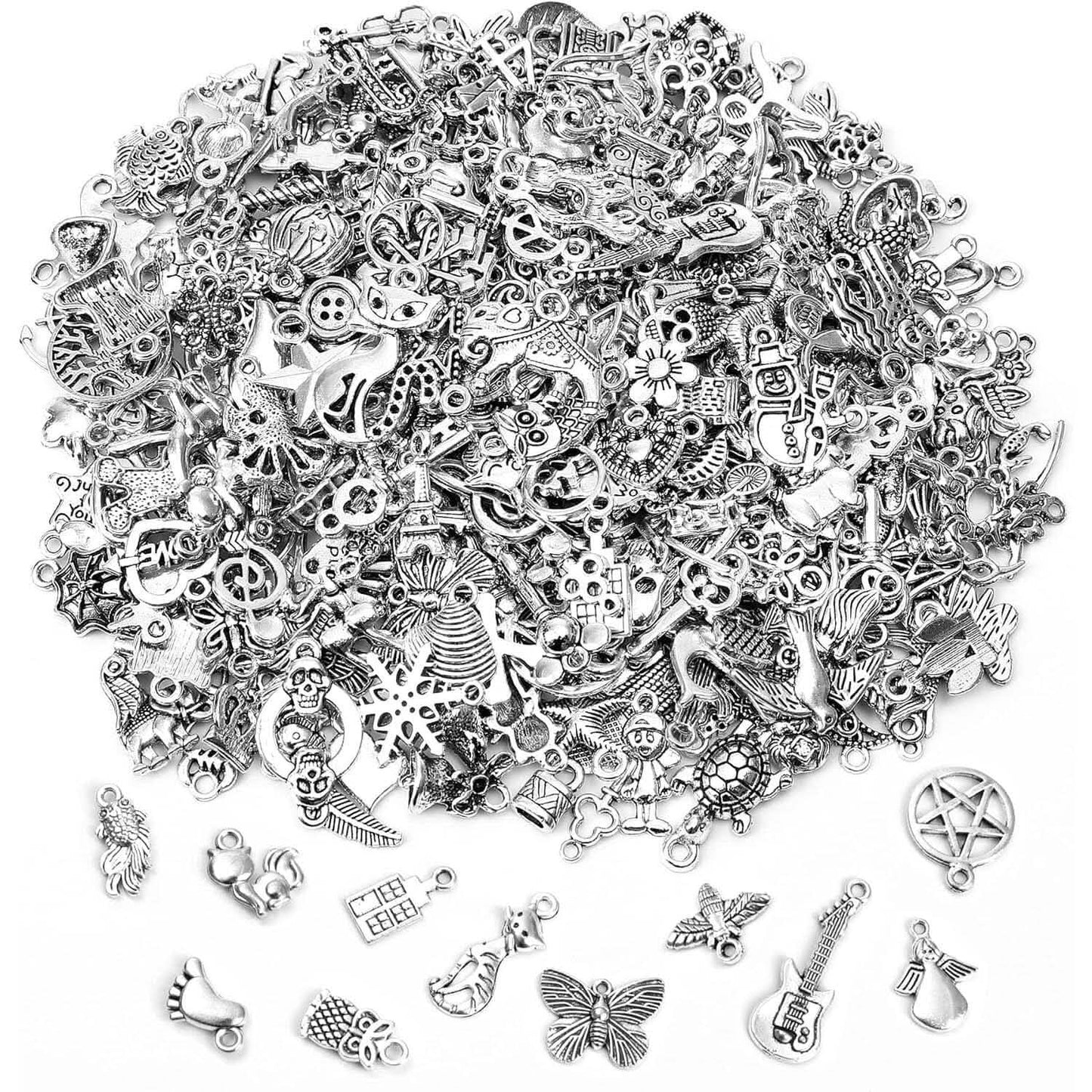 50-Pieces: Silver Charms for Jewelry Making Wholesale Bulk Tibetan Silver Charm Pendants for DIY Necklace Bracelet Earring Craft Supplies