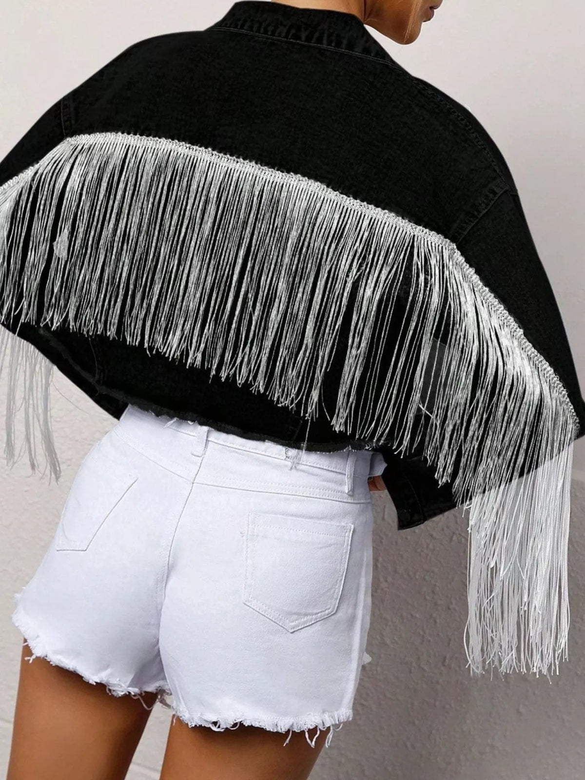 Fringe Button Up Cropped Denim Jacket