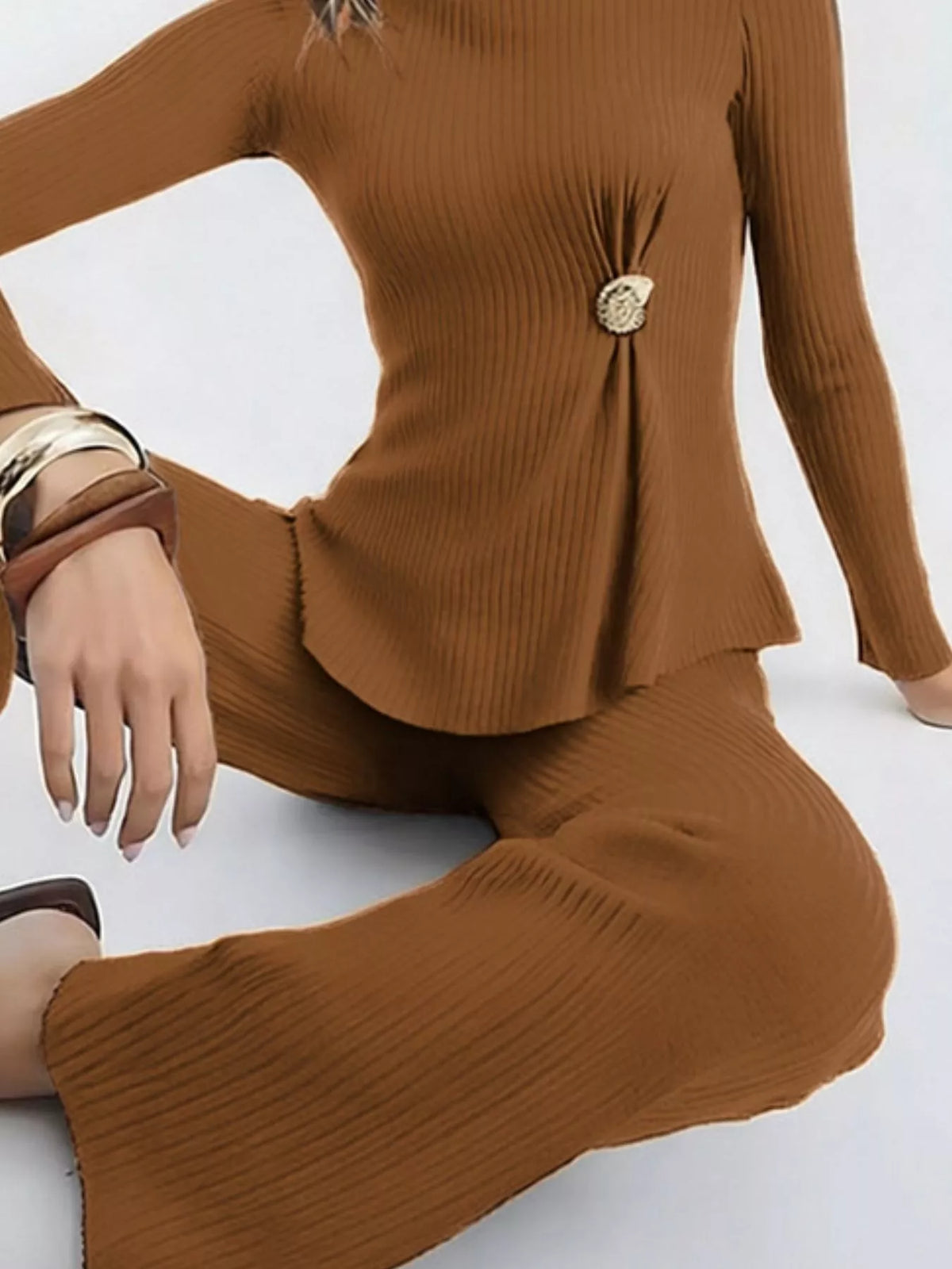 Ribbed Knit Round Neck Top and Pants Sweater Set