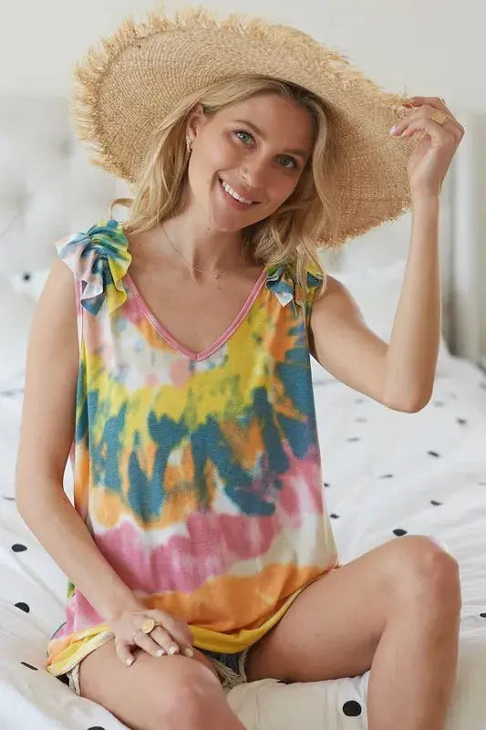 Trendsi Tie Dye Ruffle Knit Tank Top - V-Neck