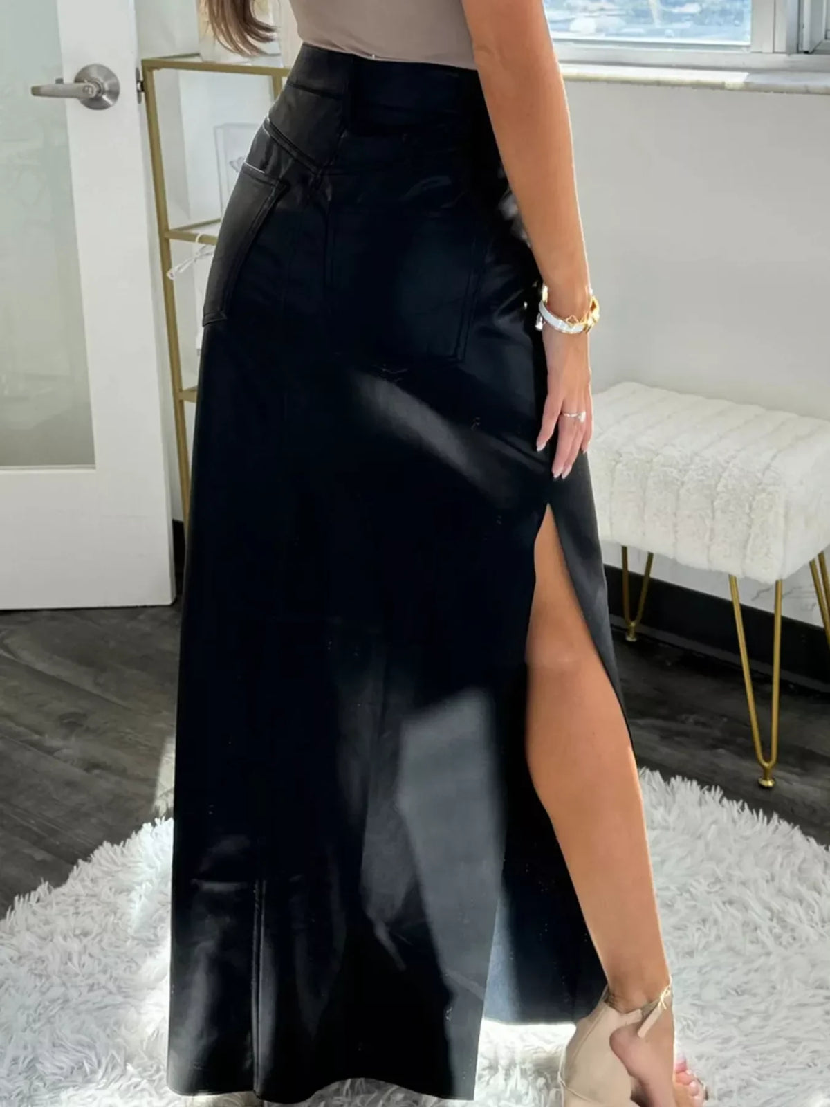 Leather High-Waist Side Slit Maxi Skirt