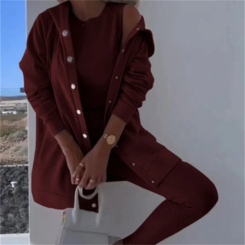 Conjunto de tres piezas de chaleco, pantalón y sudadera con capucha de ocio y deporte de moda femenina. Ver tabla de tallas en "más detalles".