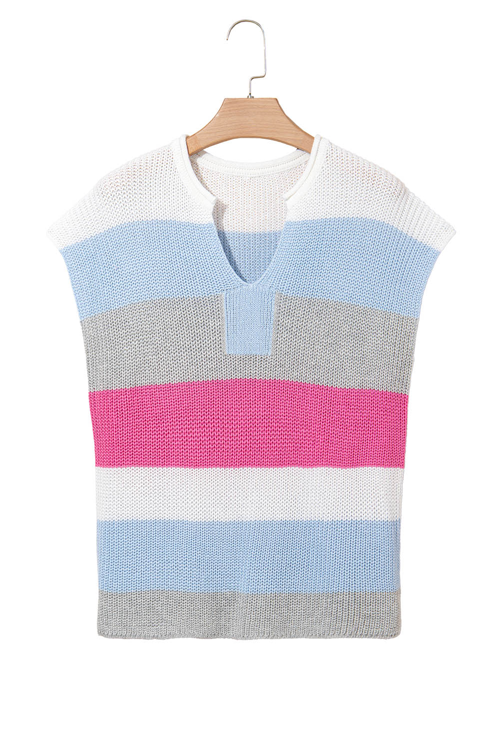 Camiseta tipo suéter con cuello en V con muesca y bloques de color azul claro