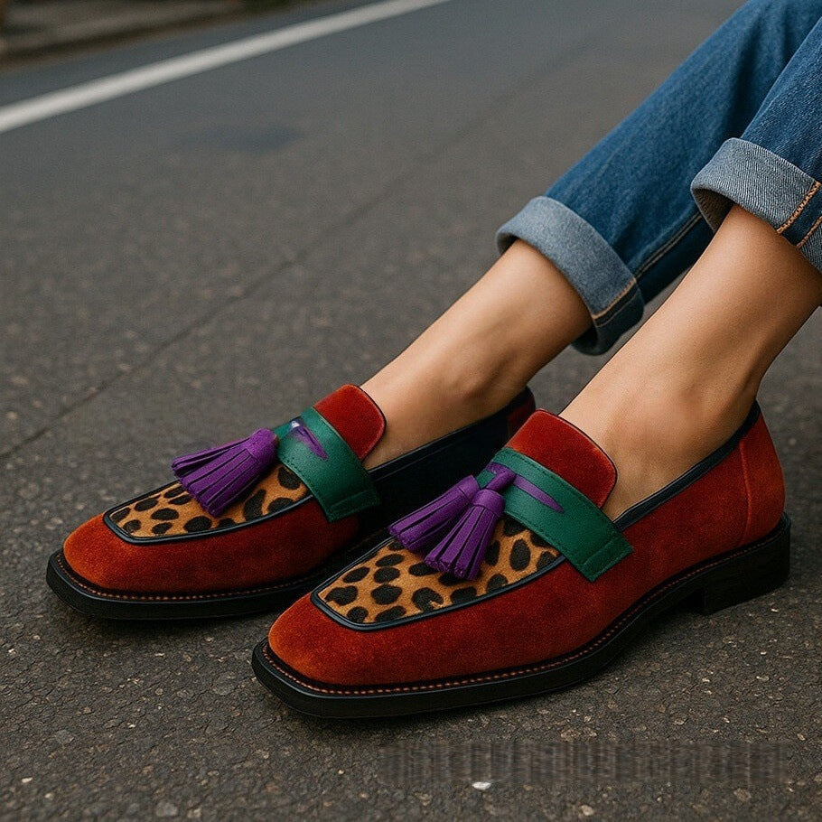 Women's Retro Square Head Tassel Leopard Print Flats