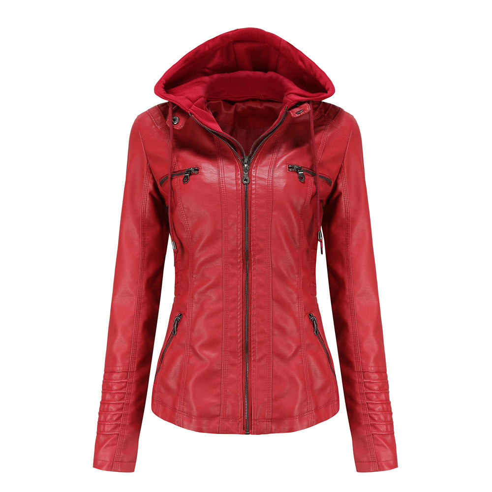 23 European And American Cross-border Hooded Leather Jacket Two-piece Set Removable Large Size Leather Jacket Women's Spring And Autumn Coat Women's PU Wash Leather