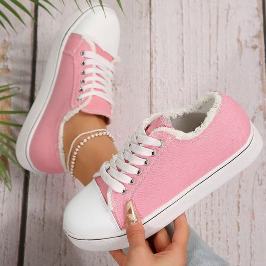 Women's Lace-Up Canvas Sneakers – Lightweight Flat Low-Top