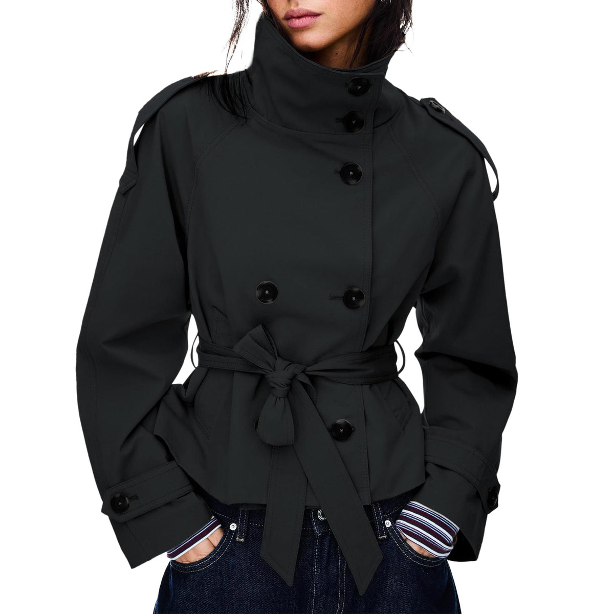 Womens Buttoned Waist-Cinching Lace-Up Trench Coat