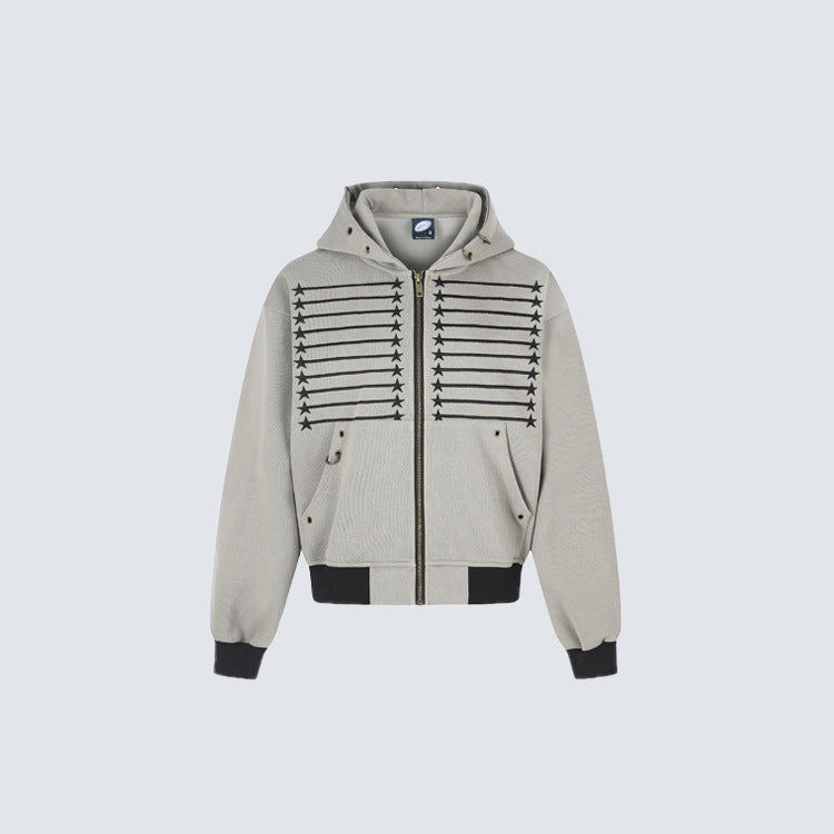 Hooded Cardigan Short-length Zip-up Sweatshirt With Star Embroidery