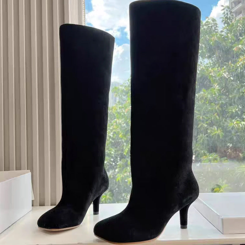 Simple Stitching Square Head High-Heel Boots