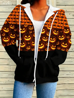 Women's Halloween-themed Printed Zip-up Hooded Jacket, Casual Long-sleeve Top, New Autumn American-style Sweatshirt