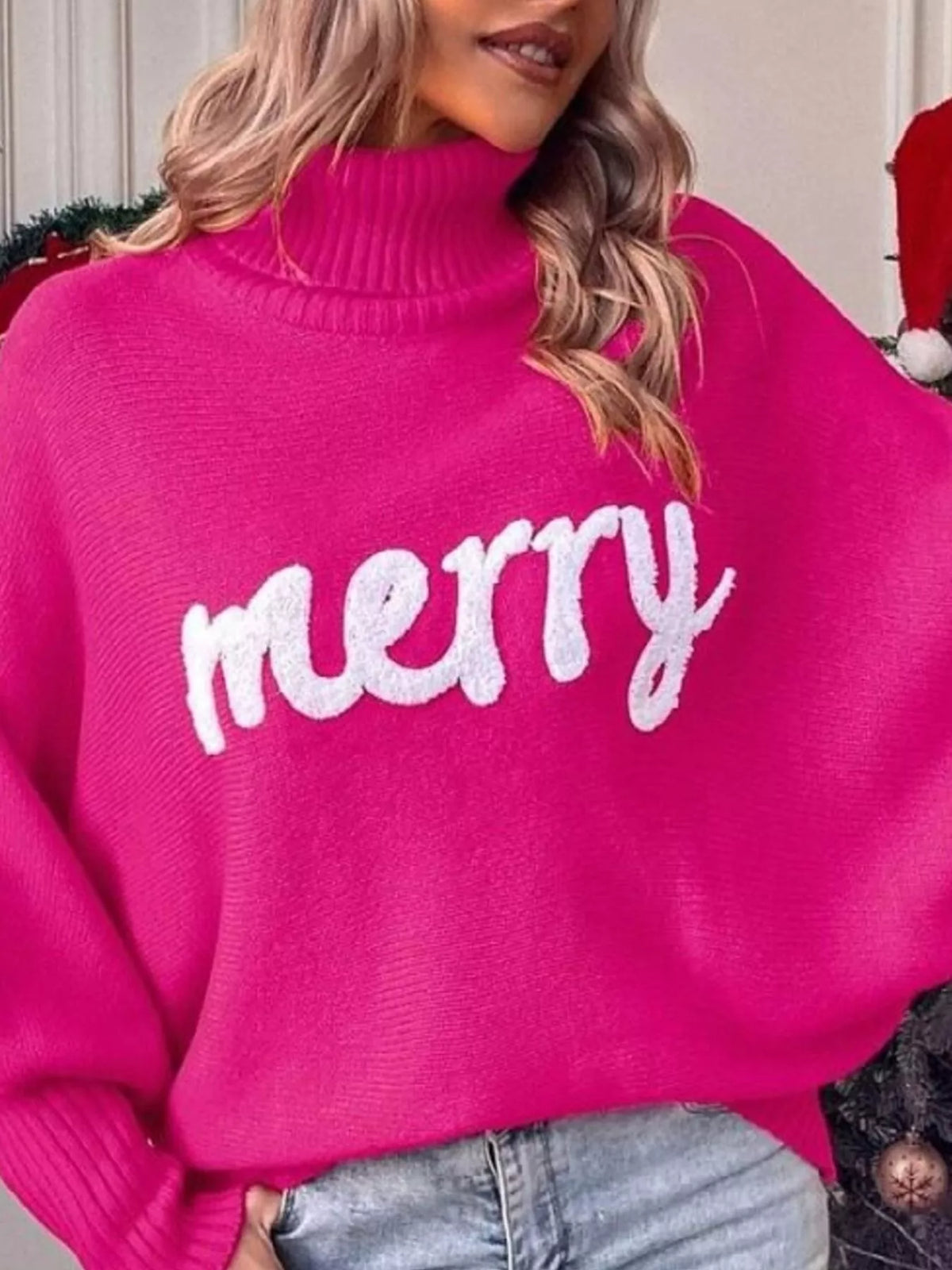 Merry Turtleneck Long Sleeve Christmas Sweater
