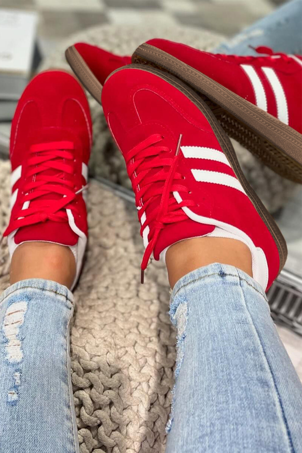Zapatos planos con cordones de retazos a rayas vintage rojo fuego