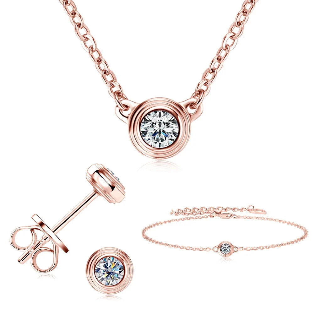 Bezel Moissanite Necklace, Bracelet & Stud Earring Set