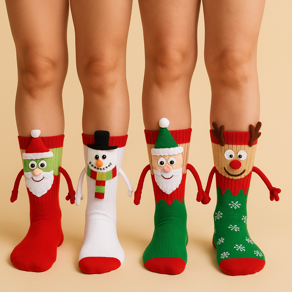 Calcetines magnéticos navideños divertidos que se dan la mano (4 pares)