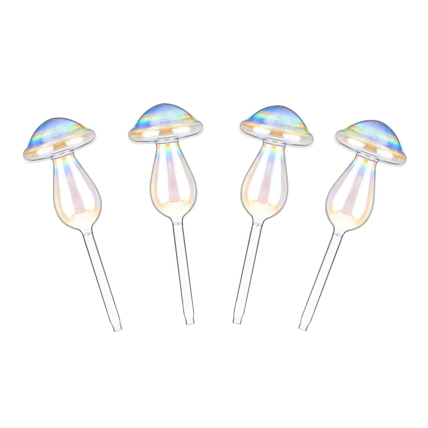 4-Pieces: Clear Glass Plant Watering Globes Iridescent Rainbow Gradient Mushroom