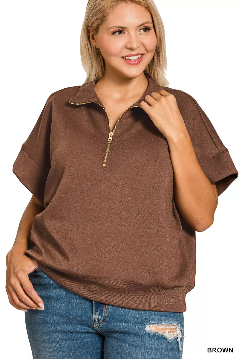 Zenana Full Size Scuba High Neck Half Zip Short Sleeve Top Plus Size in Brown