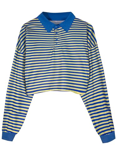 Natalie Winters Dress - Remidoo Women's Collared Half Button Long Sleeve Striped Crop Top Sweatshirt