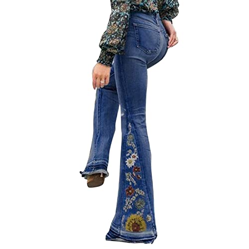 Rfm Jeans - Womens Floral Embroidered Flare Bell Bottom Jeans Stretch Western Bootcut Jeans Long Denim Pants